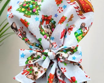 Medium, Christmas Kittens Satin Lined Scrub Hat, Protect Hair w/Satin Lined Ponytail Scrub Cap, Nurse /Surgical/Doctor Cap