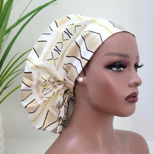 Large, Elegant Gold on White Satin Lined Scrub Cap, Protect Hair w/Satin Lined Ponytail Scrub Cap, Nurse/Surgical/Dr Cap, Full Satin Lining