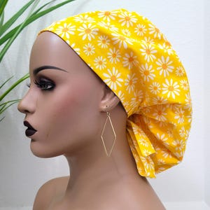 Large, Daisy Satin Lined Scrub Hat, Protect Hair w/Satin Lined Ponytail Scrub Cap. Buttons/Size Options, Nurse/Surgical/Doctor Cap
