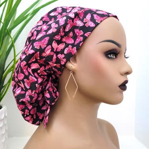 Small, Butterfly Satin Lined Scrub Hat, Protect Hair w/Satin Lined Ponytail Scrub Cap. Buttons/Size Options, Nurse/Surgical/Doctor Cap