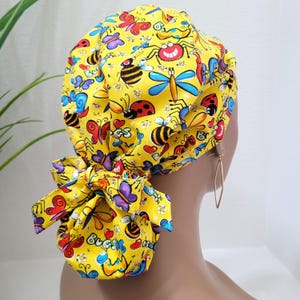 Small, Fireflies/Butterflies/Bees/Snails, Satin Lined Scrub Hat, Protect Hair w/Satin Lined Ponytail Scrub Cap, Nurse/Surgical/Dr Cap