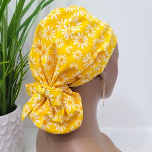 Medium, Daisy Satin Lined Scrub Hat, Protect Hair w/Satin Lined Ponytail Scrub Cap. Buttons/Size Options, Nurse/Surgical/Doctor Cap
