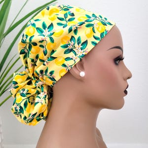 Small Citrus Blossoms Satin Lined Scrub Hat, Protect Hair w/Satin Lined Ponytail Scrub Cap. Button/Size Option ls, Nurse/Surgical/Dr. Cap