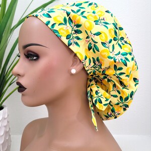 Medium Citrus Blossoms Satin Lined Scrub Hat, Protect Hair w/Satin Lined Ponytail Scrub Cap. Button/Size Option ls, Nurse/Surgical/Dr. Cap