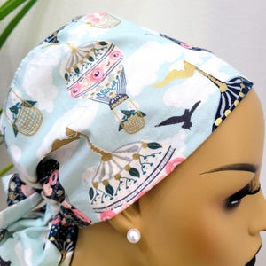 Large, Hot Air Balloon Ride, Satin Lined Scrub Cap, Protect Hair w/Satin Lined Ponytail Scrub Cap, Nurse/Surgical Cap, Satin Lining