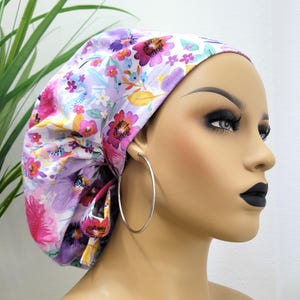 Medium, Flowers on a Sunny Day, Satin Lined Scrub Cap, Protect Hair w/Satin Lined Ponytail Scrub Cap. Buttons Option Nurse/Surgical/Dr Cap