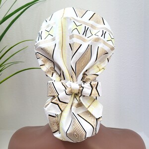 Medium, Elegant Gold on White Satin Lined Scrub Cap, Protect Hair w/Satin Lined Ponytail Scrub Cap, Nurse/Surgical/Dr Cap, Full Satin Lining