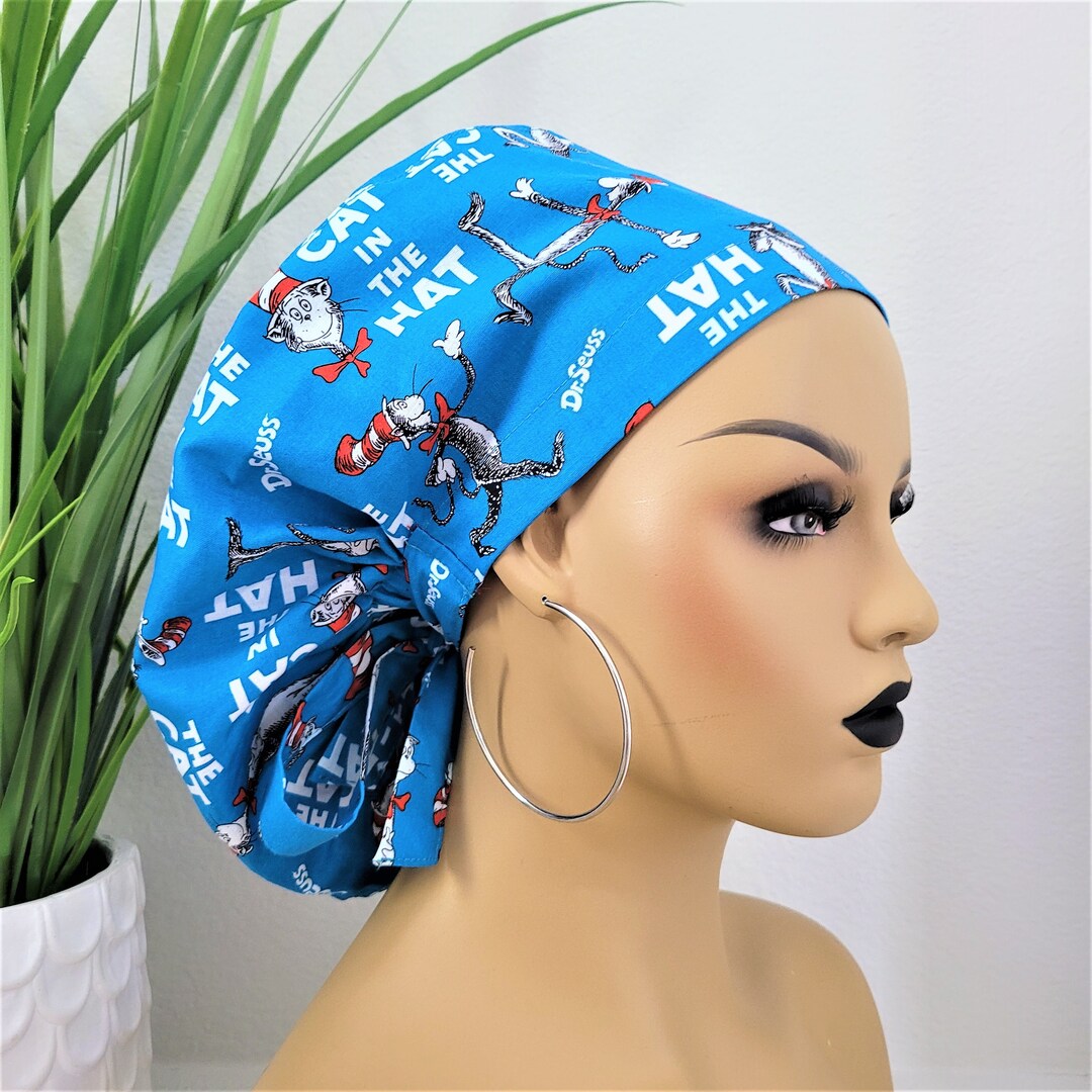 Medium Satin Lined Scrub Hat, Protect Hair W/the Cat in the Hat Satin Lined Ponytail Scrub Cap
