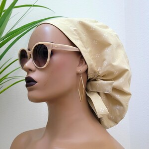 Large, Beige, Satin Lined Scrub Hat, Protect Hair w/Satin Lined Ponytail Scrub Cap, Buttons/Option, Nurse/Surgical/Dr Hat, Full Satin Lining