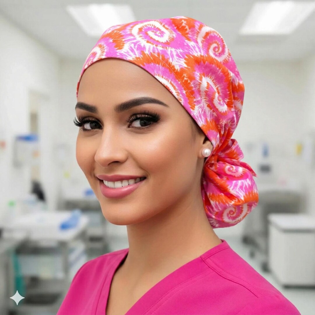 Large, Pink/orange Swirls Satin Lined Ponytail Scrub Cap, Protect Hair ...