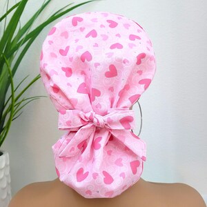 Large, Pretty Pink Hearts Satin Lined Scrub Hat, Protect Hair w/Satin Lined Ponytail Scrub Cap. Buttons Options, Nurse/Surgical/Doctor Hat