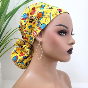 Large, Fireflies/Butterflies/Bees/Snails, Satin Lined Scrub Hat, Protect Hair w/Satin Lined Ponytail Scrub Cap, Nurse/Surgical/Dr Cap