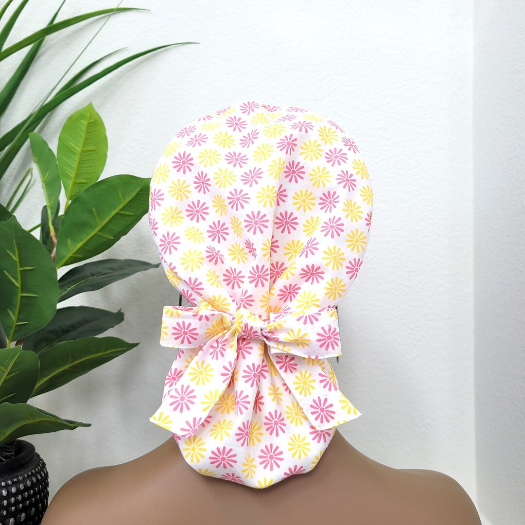 Medium Satin Lined Scrub Hat, Protect Hair W/satin Lined Ponytail Scrub Cap. Buttons/size See