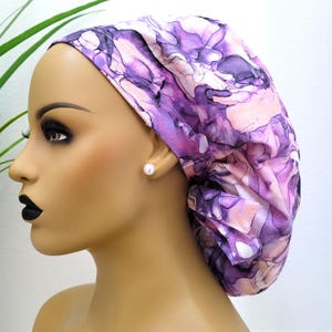 Large, Purple/Peach Marble Print, Protect Hair w/Satin Lined Ponytail Scrub Cap, Buttons Option, Nurse/Surgical/Dr Cap, Full Satin Lining