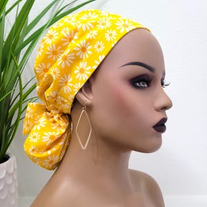 Small, Daisy Satin Lined Scrub Hat, Protect Hair w/Satin Lined Ponytail Scrub Cap. Buttons/Size Options, Nurse/Surgical/Doctor Cap