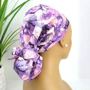 Medium, Purple/Peach Marble Print, Protect Hair w/Satin Lined Ponytail Scrub Cap, Buttons Option, Nurse/Surgical/Dr Cap, Full Satin Lining