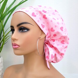 Small, Pretty Pink Hearts Satin Lined Scrub Hat, Protect Hair w/Satin Lined Ponytail Scrub Cap. Buttons Options, Nurse/Surgical/Doctor Hat