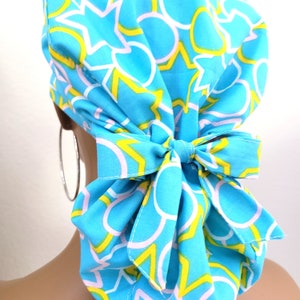 Medium, Summer Fun Satin Lined Scrub Hat, Protect Hair w/Satin Lined Ponytail Scrub Cap. Buttons/Size Options, Nurse/Surgical/Doctor Cap