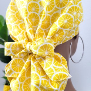 Medium, Lemon Slices Satin Lined Scrub Hat, Protect Hair w/Satin Lined Ponytail Scrub Cap. Buttons/Size Options, Nurse/Surgical/Doctor Cap