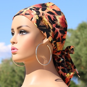 Medium Fall Leaves Satin Lined Scrub Hat, Protect Hair w/Satin Lined Ponytail Scrub Cap. Button/Size Option, See Description, Surgical Cap