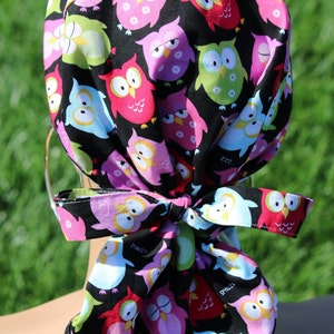 Large Satin Lined Scrub Hat, Owl, Protect Hair w/Satin Lined Ponytail Scrub Cap. Buttons Option, Nurse/Surgical/Doctor Hat