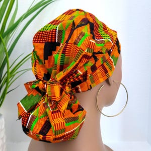 Medium, Kente Print Satin Lined Scrub Hat, Protect Hair w/Satin Lined Ponytail Scrub Cap, Buttons/Size Option, Nurse/Surgical/Doctor Cap