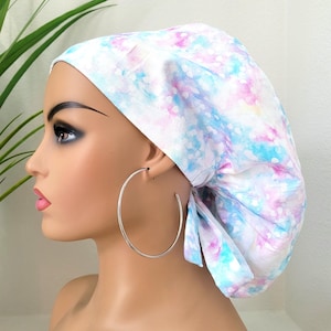 Medium, Satin Lined Scrub Hat, Protect Hair w/Satin Lined Ponytail Scrub Cap. Buttons/Size See Description, Nurse/Surgical/Doctor Cap