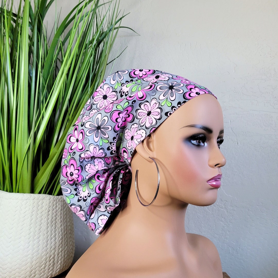 Large Satin Lined Scrub Hat, Protect Hair W/satin Lined Ponytail Scrub Cap. Buttons/size See