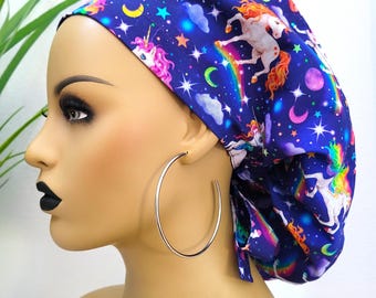 Medium, Unicorn Satin Lined Scrub Hat, Protect Hair w/Satin Lined Ponytail Scrub Cap. Buttons/Size Option, Surgical/Nurse/Doctor Scrub Hat
