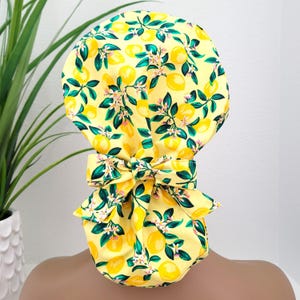 Large Citrus Blossoms Satin Lined Scrub Hat, Protect Hair w/Satin Lined Ponytail Scrub Cap. Button/Size Option ls, Nurse/Surgical/Dr. Cap