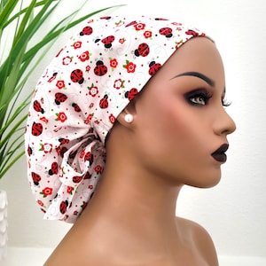 Small, Cute Miss Ladybug, Satin Lined Scrub Hat, Protect Hair w/Satin Lined Ponytail Scrub Cap, Nurse/Surgical/Dr Cap, Full Satin Lining
