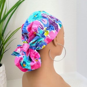 Small Floral Satin Lined Scrub Cap, Protect Hair w/Satin Lined Ponytail Scrub Cap. Buttons/Size See Description, Nurse/Surgical/Doctor Cap