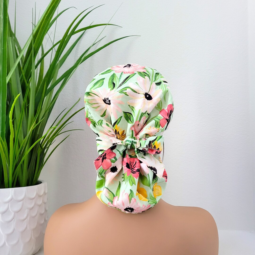 Medium Satin Lined Scrub Hat, Protect Hair W/satin Lined Ponytail Scrub Cap. Buttons/size See