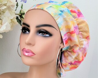 Medium Bouffant Satin Lined Scrub Hat, Protect Hair w/Satin Lined Ponytail Scrub Cap. Buttons Option, Size See Description, Surgical Capw
