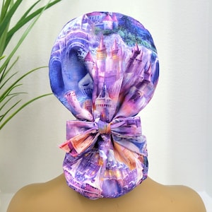 Large, Fairytale Castles, Satin Lined Scrub Cap, Protect Hair w/Satin Lined Ponytail Scrub Cap, Nurse/Surgical Cap, Full Satin Lining