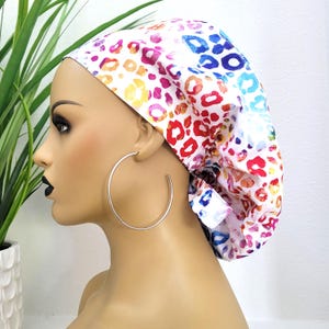 Large Satin Lined Scrub Hat, Protect Hair w/Leopard Print Satin Lined Ponytail Scrub Cap, Button/Size Option, See Description, Surgical Cap