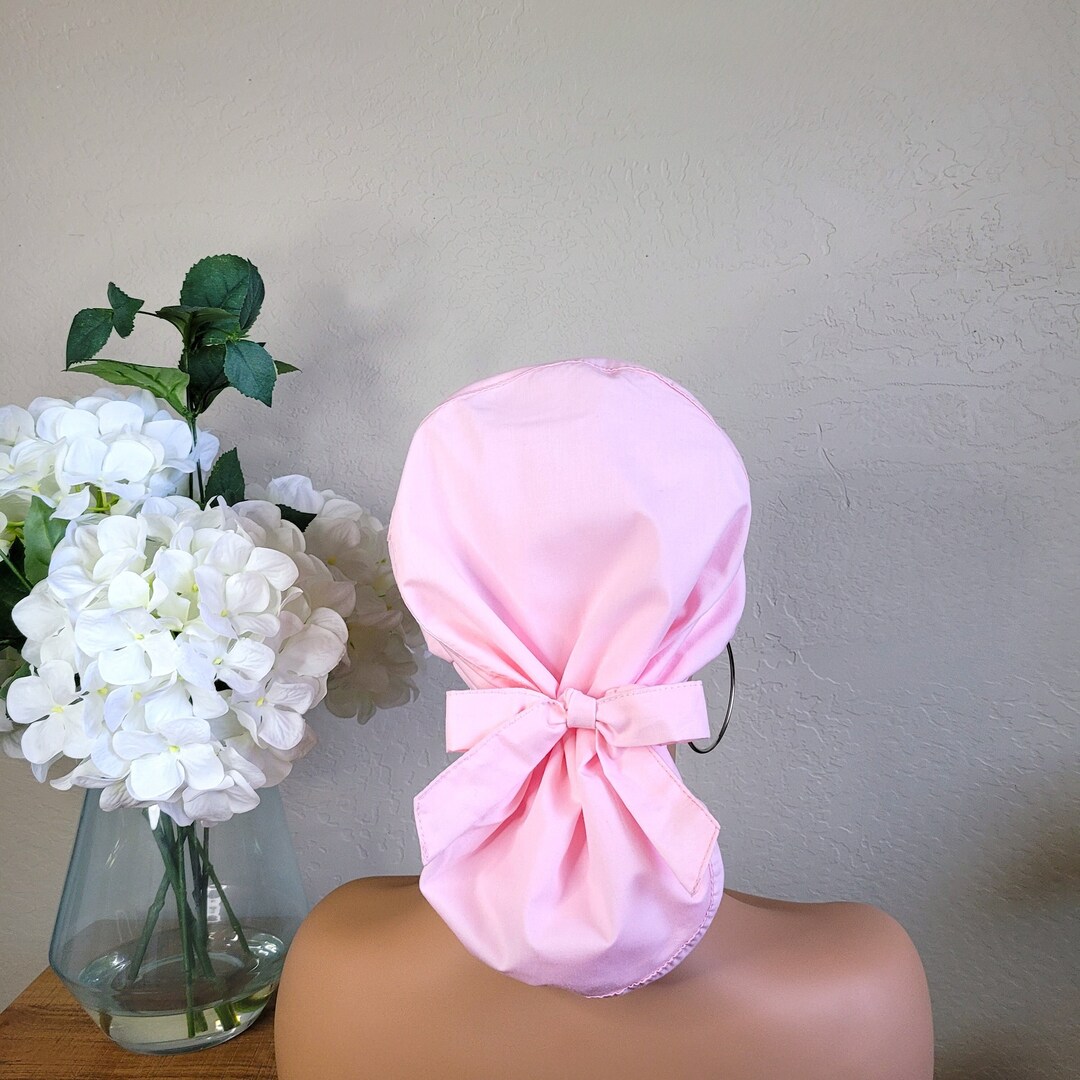 Medium Pink Satin Lined Scrub Hat, Protect Hair W/satin Lined Ponytail Scrub Cap. Button/size