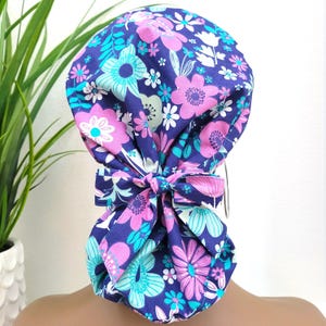 Large, Floral Satin Lined Scrub Hat, Protect Hair w/Satin Lined Ponytail Scrub Cap. Buttons/Size Options, Nurse/Surgical/Doctor Cap