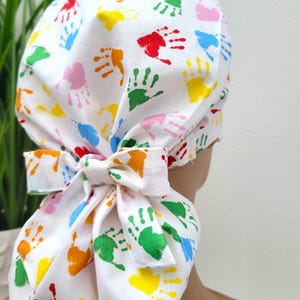 Large, Cute Tiny Handprints, Satin Lined Scrub Hat, Protect Hair w/Satin Lined Ponytail Scrub Cap, Nurse/Surgical/Dr Cap, Full Satin Lining