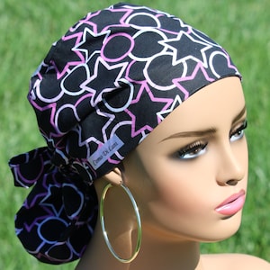 Large Pink Stars Satin Lined Scrub Hat, Protect Hair w/Satin Lined Ponytail Scrub Cap. Buttons/Size See Description, Nurse/Surgical Cap