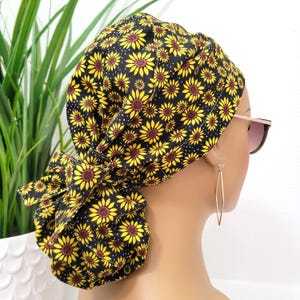 Medium, Daisies Satin Lined Scrub Hat, Protect Hair w/Satin Lined Ponytail Scrub Cap. Buttons/Size Options, Nurse/Surgical/Doctor Cap