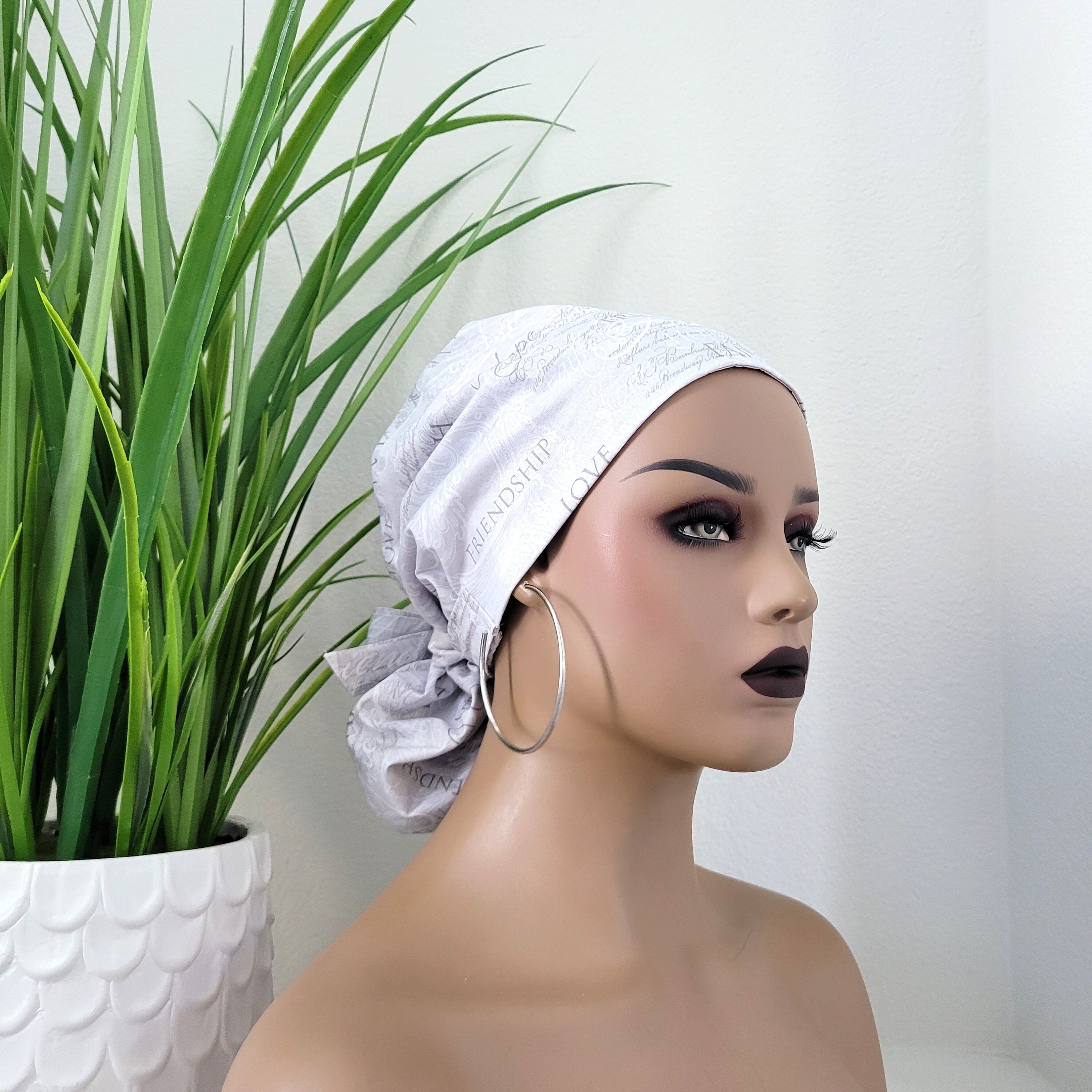 Medium Faith/Love/Friendship/Hope Satin Lined Scrub Hat, Protect Hair w/Satin Lined Ponytail Scrub Cap. Buttons/Size See Description