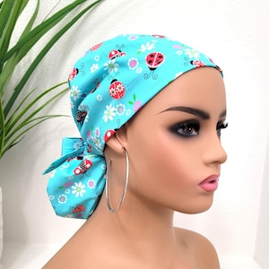 Small, Cute Ladybug w/Daisies Satin Lined Scrub Hat, Protect Hair w/Satin Lined Ponytail Scrub Cap, Buttons/Size Option, Nurse/Surgical Cap