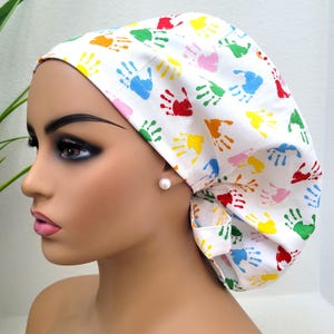 Small, Cute Tiny Handprints, Satin Lined Scrub Hat, Protect Hair w/Satin Lined Ponytail Scrub Cap, Nurse/Surgical/Dr Cap, Full Satin Lining