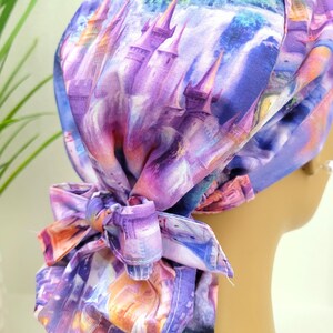 Medium, Fairytale Castles, Satin Lined Scrub Cap, Protect Hair w/Satin Lined Ponytail Scrub Cap, Nurse/Surgical Cap, Full Satin Lining