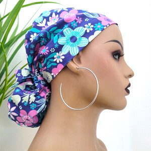 Small, Floral Satin Lined Scrub Hat, Protect Hair w/Satin Lined Ponytail Scrub Cap. Buttons/Size Options, Nurse/Surgical/Doctor Cap