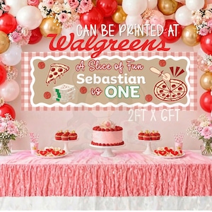 May include: A rectangular party banner featuring a beige center with a white gingham border. The text reads CAN BE PRINTED AT Walgreens, A Slice of Fun, Sebastian is ONE, and 2FT X 6FT. Graphics include a pizza slice, pizza box, and pizza cutter.
