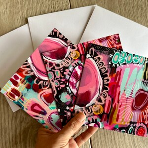Cartões de felicitações com 3 pacotes de designs florais abstratos inspirados na pintura original, cartões em branco de 14 cm x 14 cm (5,5" x 5,5")