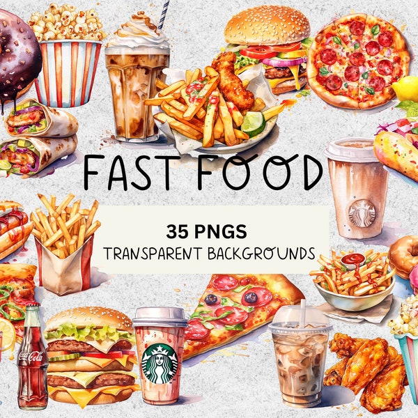 Fast Food Watercolour Clipart Pack Junk Food Clipart Pizza Burger Fizzy Drink Illustrations and Hotdog Graphics For Creator and Designer