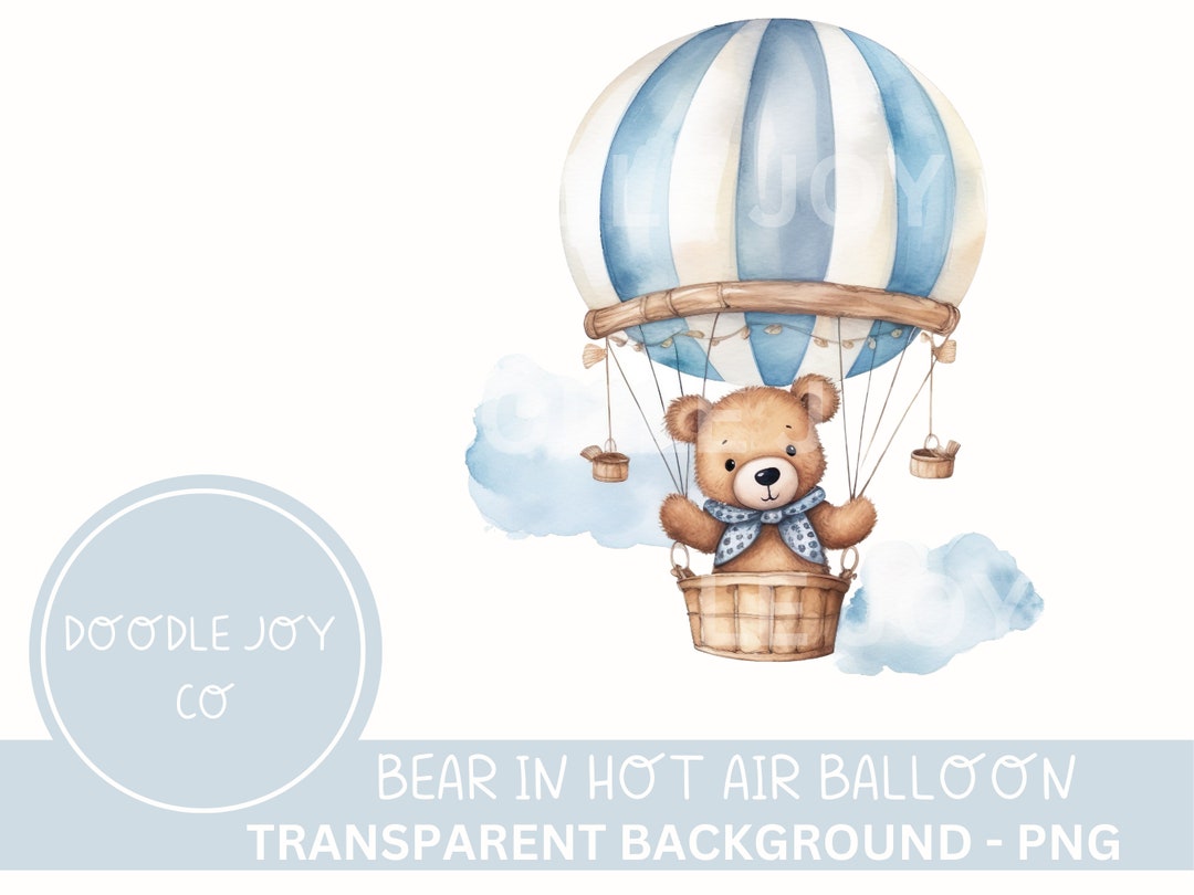 Watercolour Teddy Bear in Hot Air Balloon Clipart Pack Baby Shower Blue ...